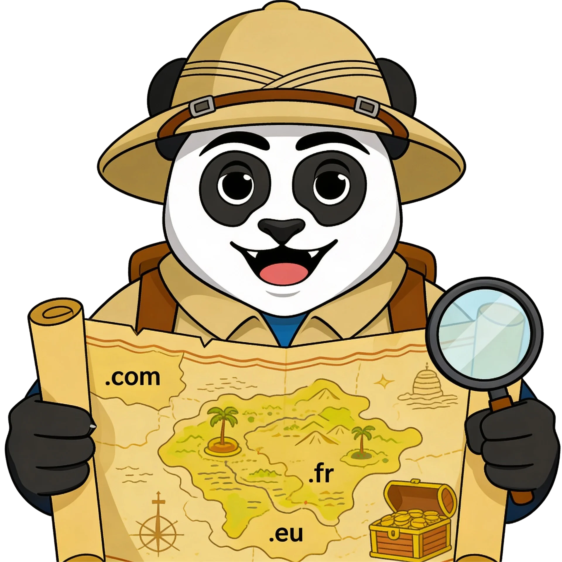 Panda PandiHéberge avec casque d'explorateur, carte au trésor des extensions de nom de domaine et loupe