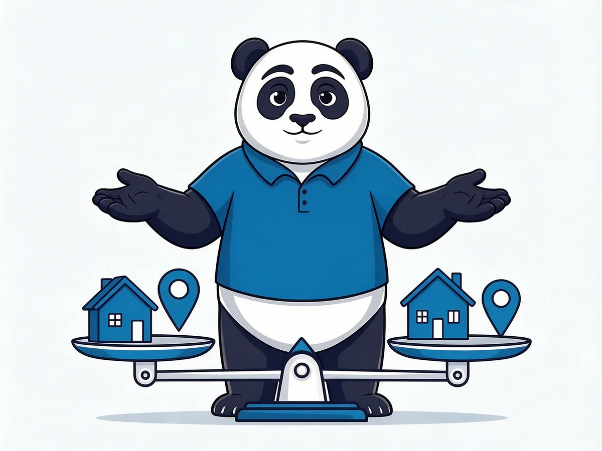 Panda PandiHéberge devant une balance qui compare domaine et hébergement réunis ou séparés