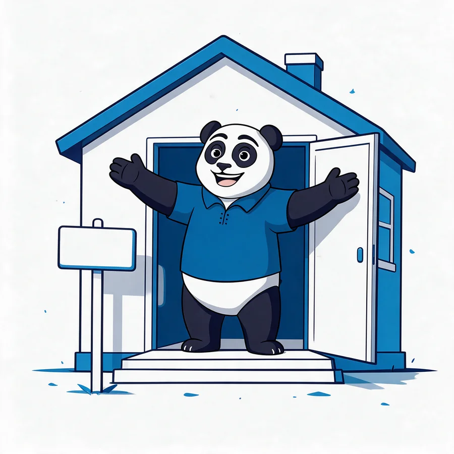 Panda PandiHéberge accueillant les bras ouverts devant sa maison, site en ligne
