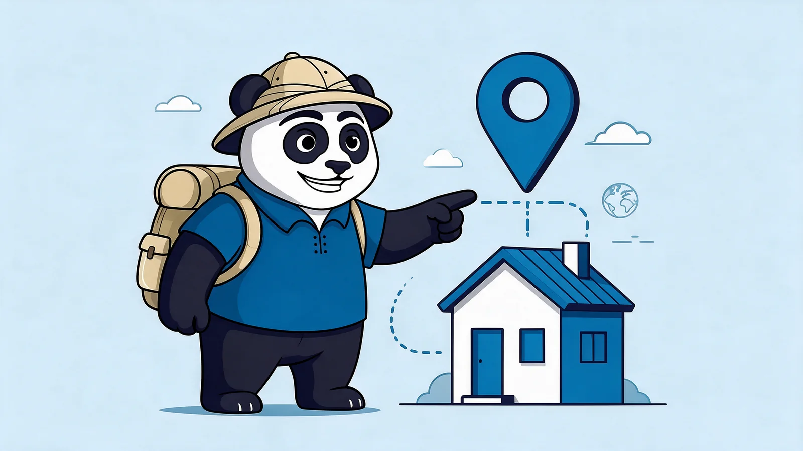 Panda explorateur PandiHéberge qui relie une adresse de site à une maison, symbole de l'hébergement