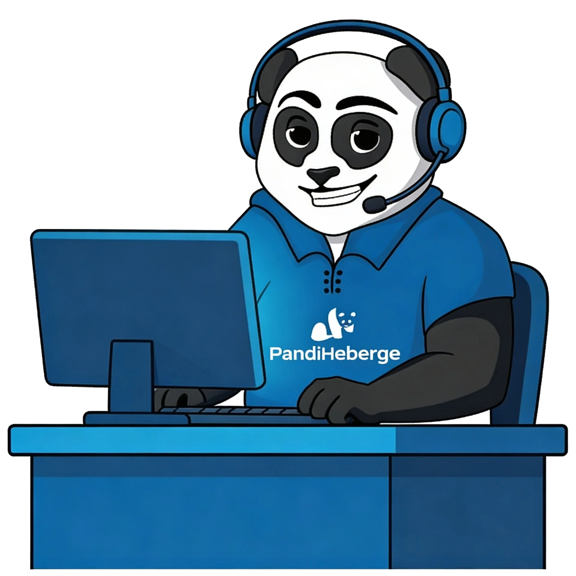 Panda du support PandiHéberge avec casque-micro, prêt à répondre à vos questions